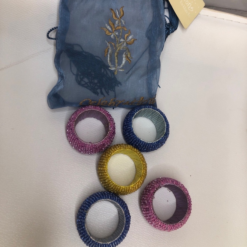 Set Six Vintage 1980's Gold Plastic Beaded Napkin Rings Multicolor NWT